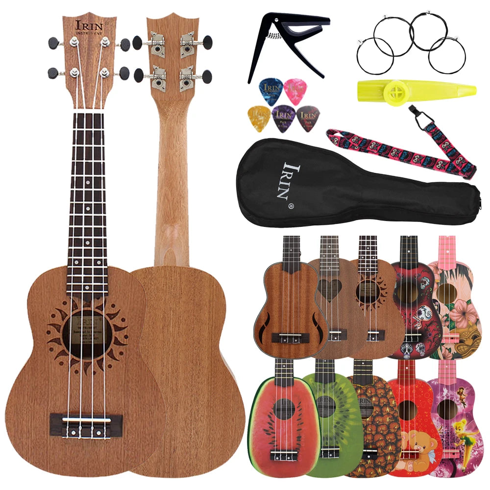 IRIN 21 Inch Ukulele Hawaiian Guitar Soprano Beginner Ukulele 4 String Guitar Musical Gifts Instrument With Kazoo Strap Capo Bag