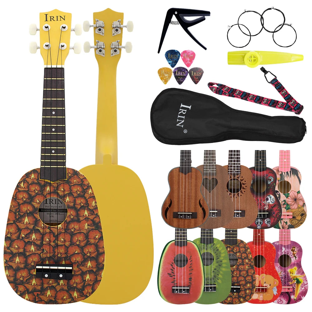 IRIN 21 Inch Ukulele Hawaiian Guitar Soprano Beginner Ukulele 4 String Guitar Musical Gifts Instrument With Kazoo Strap Capo Bag