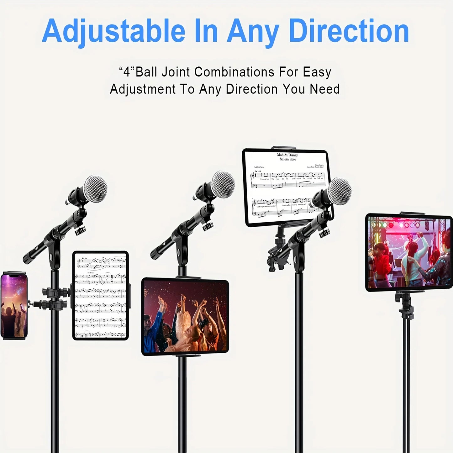 4.7-13.5" Tablet and Smartphones holder for Microphone Stand with 360-Degree Rotable Swivel Mount for Music Sheet Live Streaming