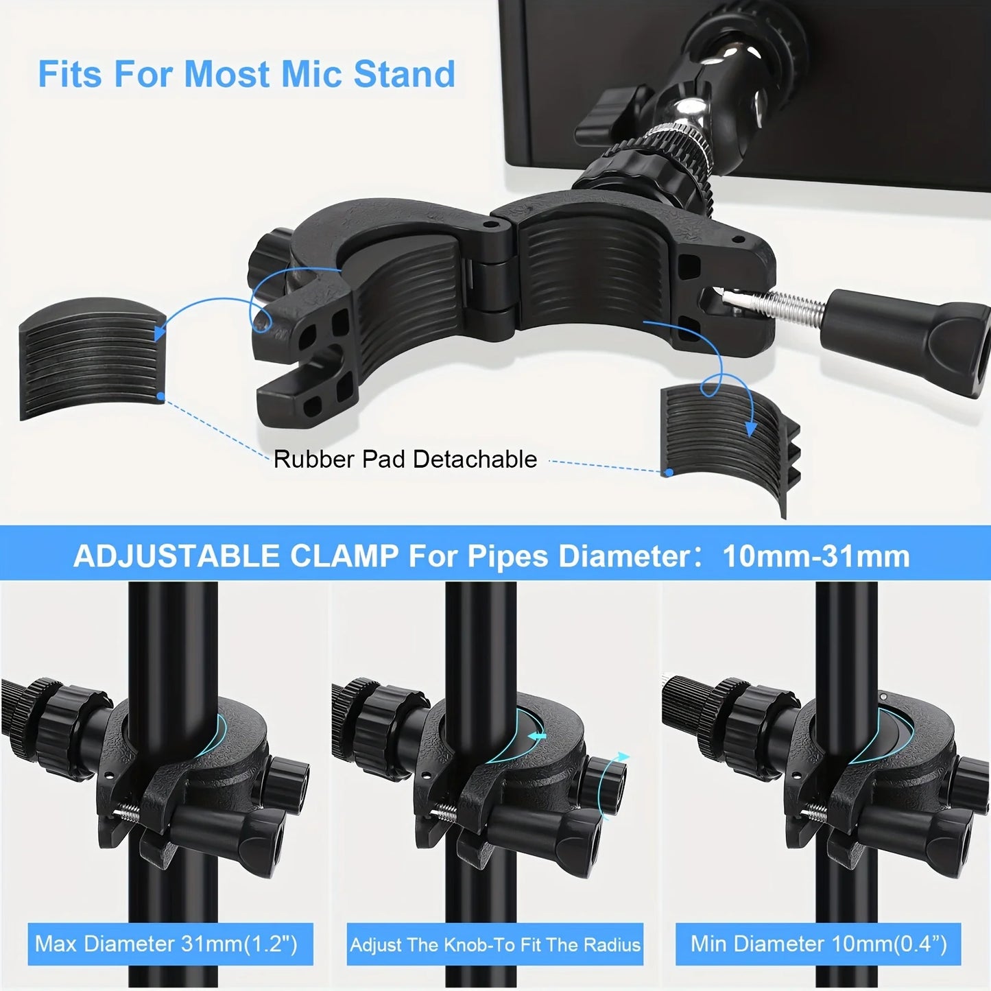 4.7-13.5" Tablet and Smartphones holder for Microphone Stand with 360-Degree Rotable Swivel Mount for Music Sheet Live Streaming