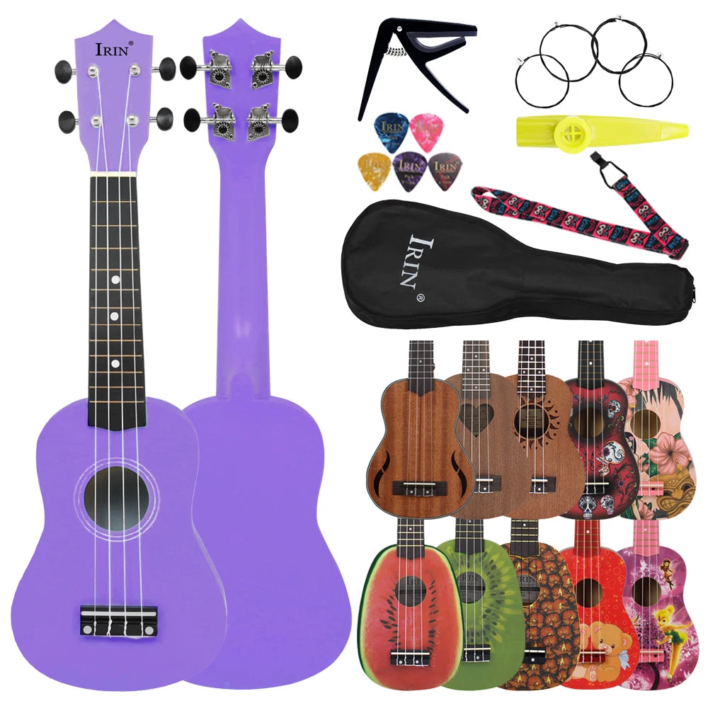 IRIN 21 Inch Ukulele Hawaiian Guitar Soprano Beginner Ukulele 4 String Guitar Musical Gifts Instrument With Kazoo Strap Capo Bag