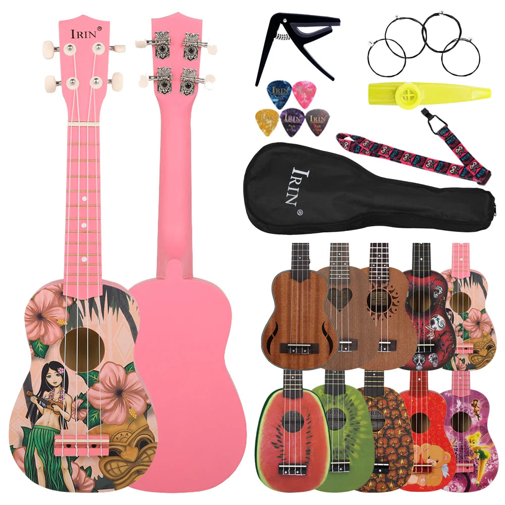 IRIN 21 Inch Ukulele Hawaiian Guitar Soprano Beginner Ukulele 4 String Guitar Musical Gifts Instrument With Kazoo Strap Capo Bag