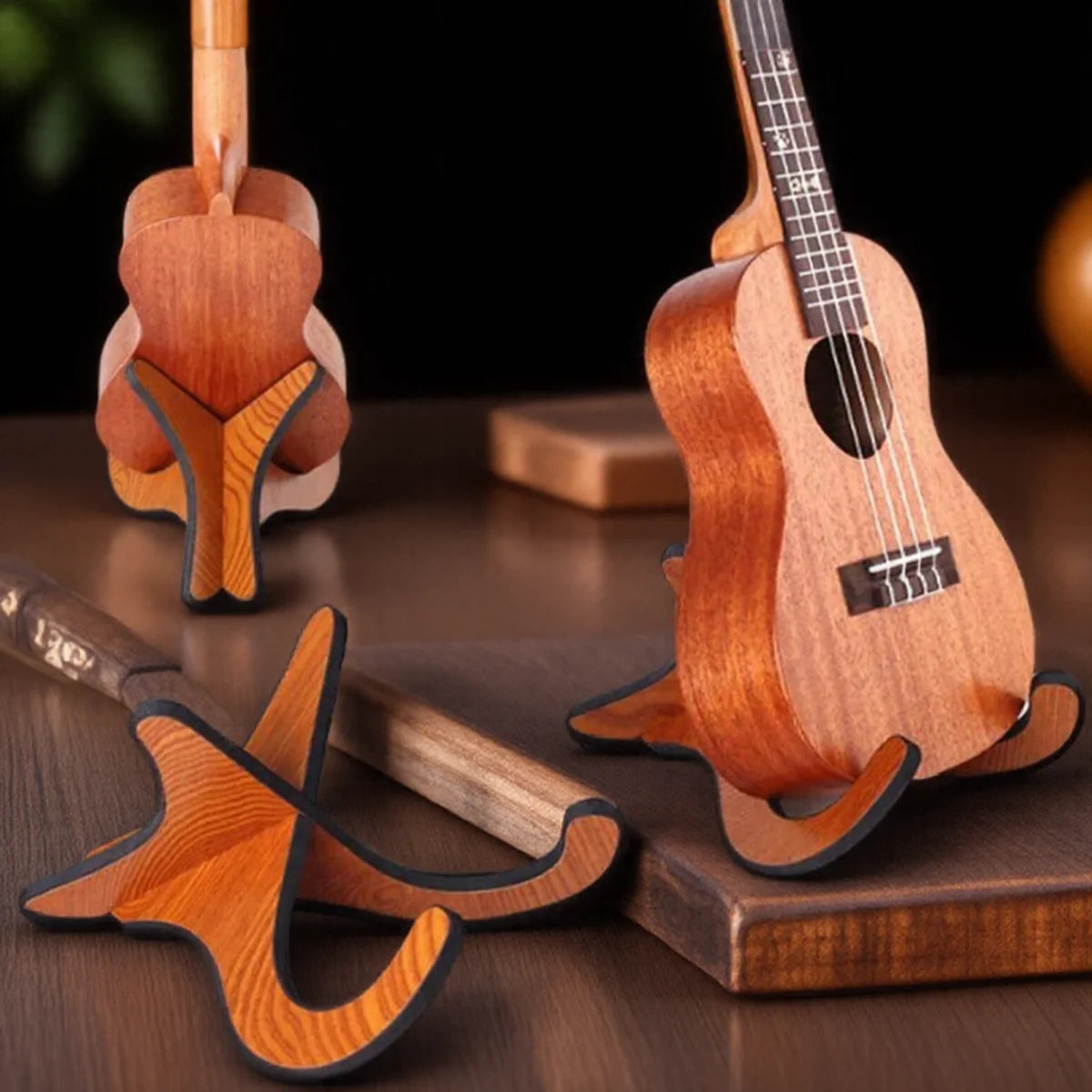 Portable Wooden Ukulele Stand – Adjustable Bamboo Display Holder for 21–26” Ukuleles